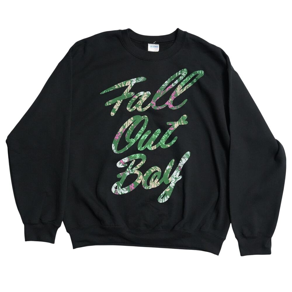 Fall Out Boy Band Sweatshirt Large Black Tropical Camo Emo Rock Punk Pullover